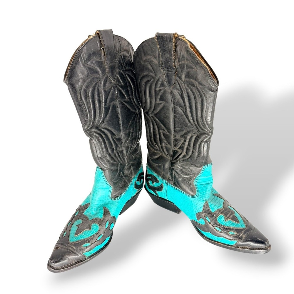 Sundance Western Boots Turquoise Black Lizard Embossed Leather Cowgirl 6B